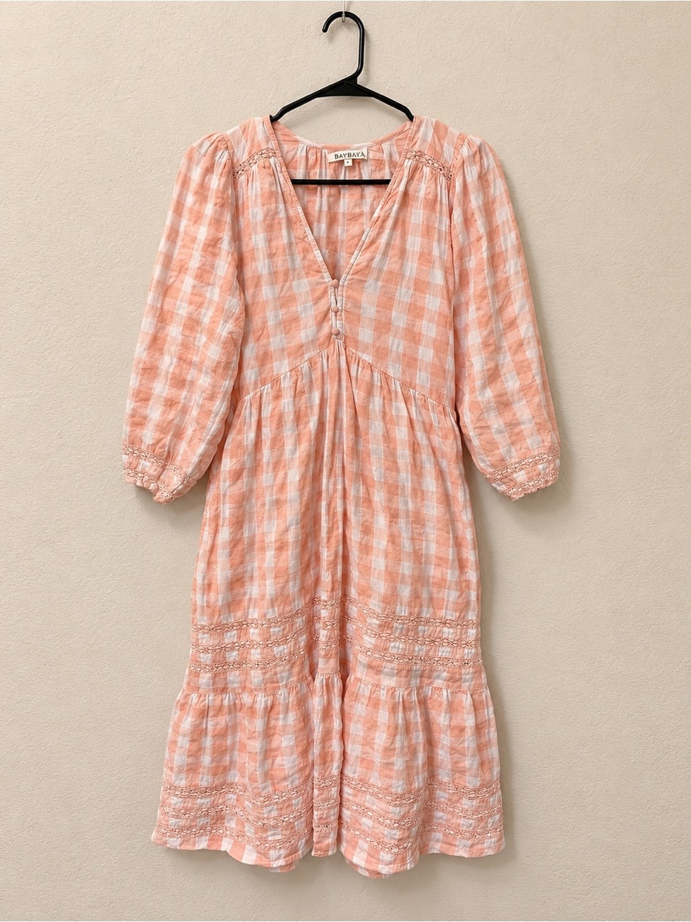 Baybala Peach Gingham Tiered Lace Midi Dress Size S Cottagecore Boho